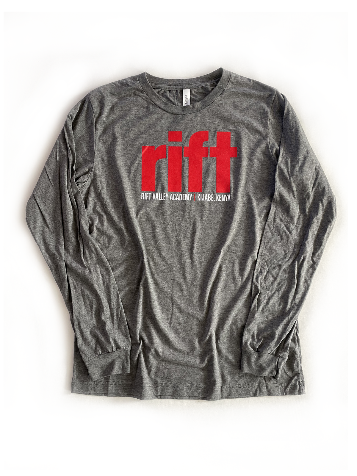 Long sleeve medium gray t-shirt with 'rift' printed in red on the front and 'Rift Valley Academy' printed in white underneath