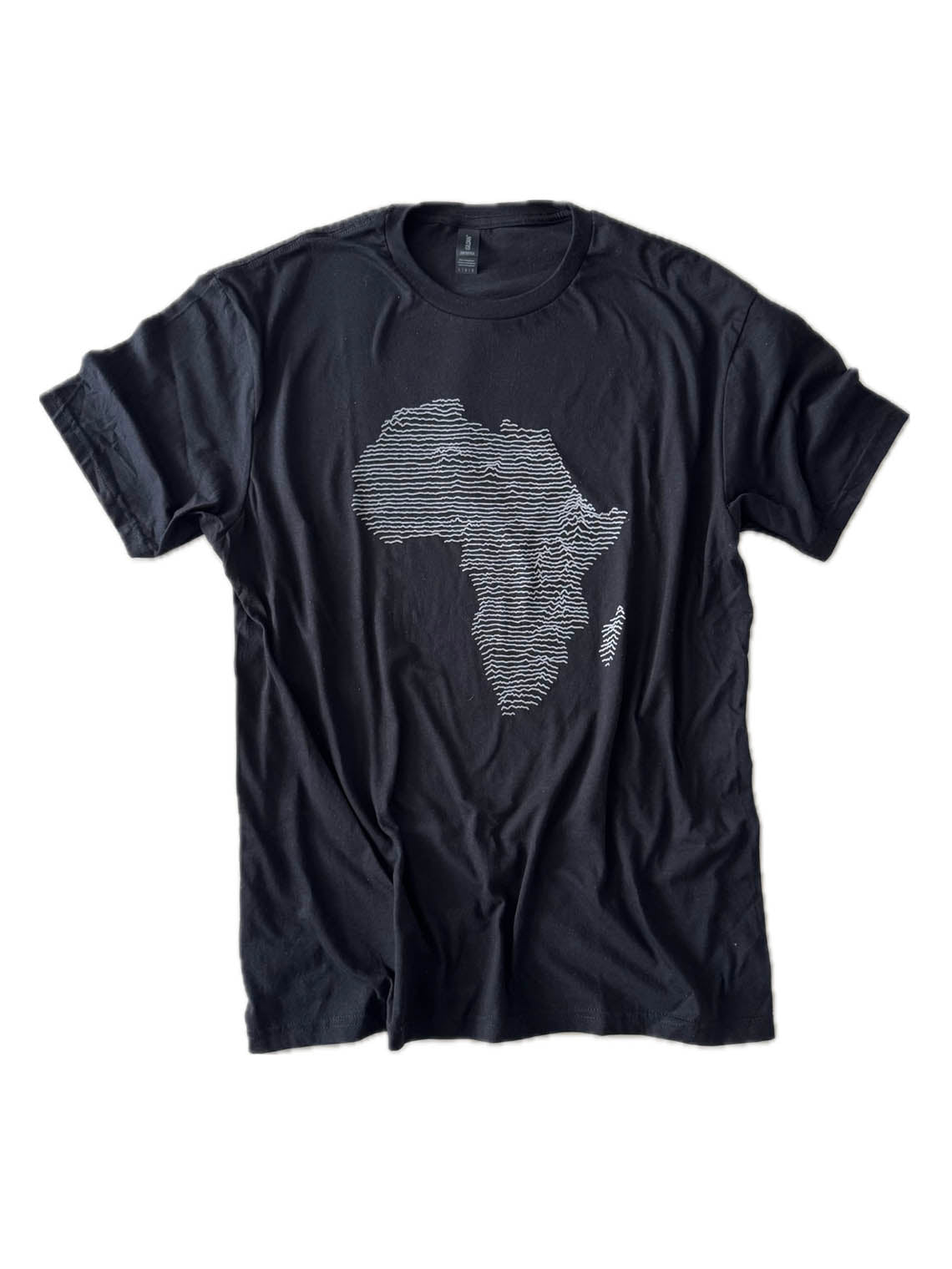 Black t-shirt with medium gray topographical map of Africa design