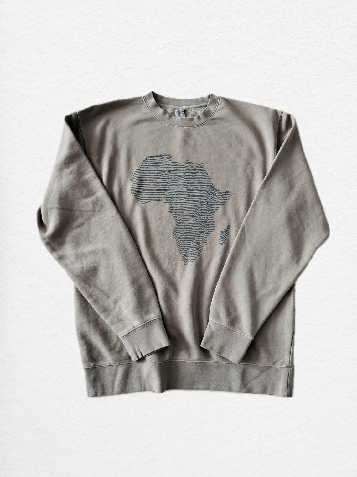 Cement color sweatshirt with a dark gray topographical map of Africa design